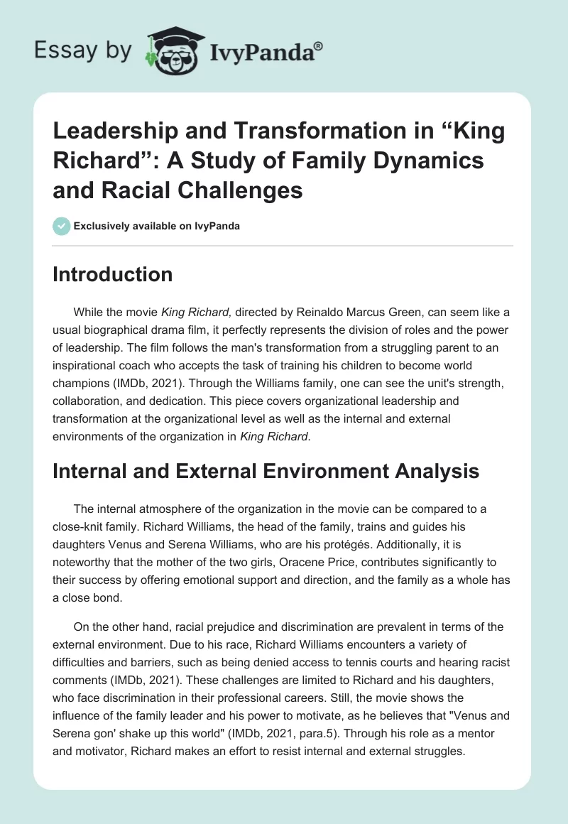 Leadership and Transformation in “King Richard”: A Study of Family Dynamics and Racial Challenges. Page 1