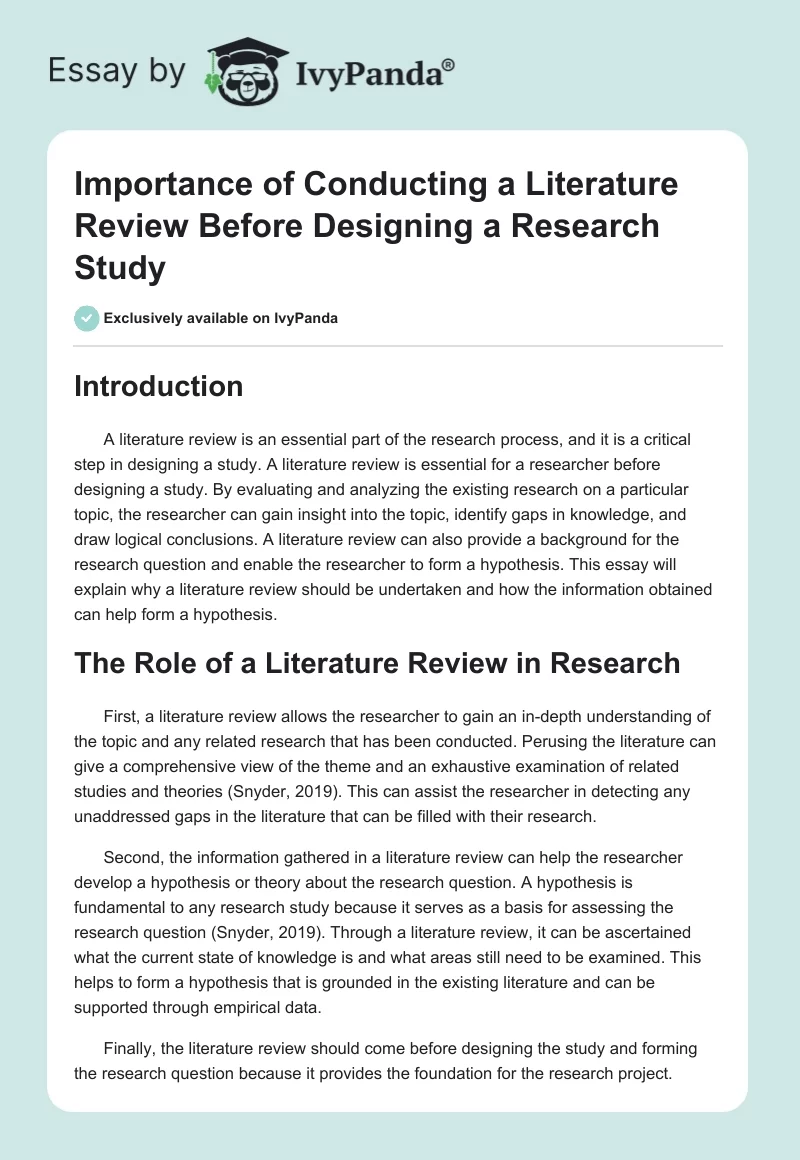 Importance of Conducting a Literature Review Before Designing a Research Study. Page 1