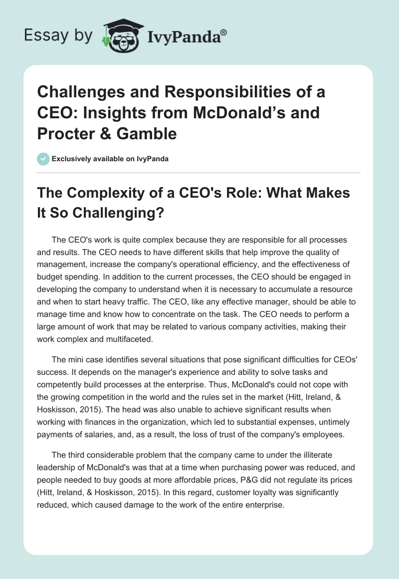 Challenges and Responsibilities of a CEO: Insights from McDonald’s and Procter & Gamble. Page 1