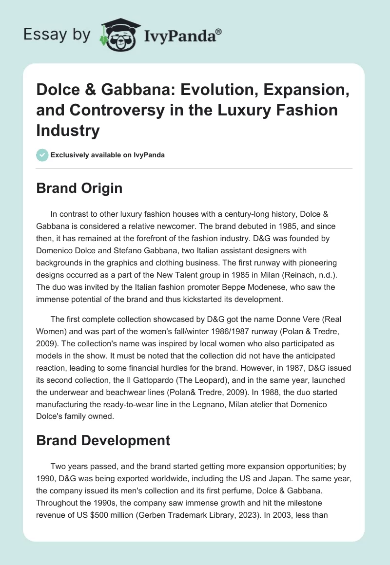 Dolce & Gabbana: Evolution, Expansion, and Controversy in the Luxury Fashion Industry. Page 1