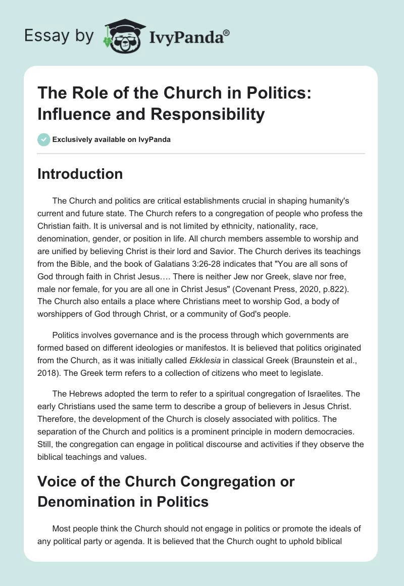 The Role of the Church in Politics: Influence and Responsibility. Page 1