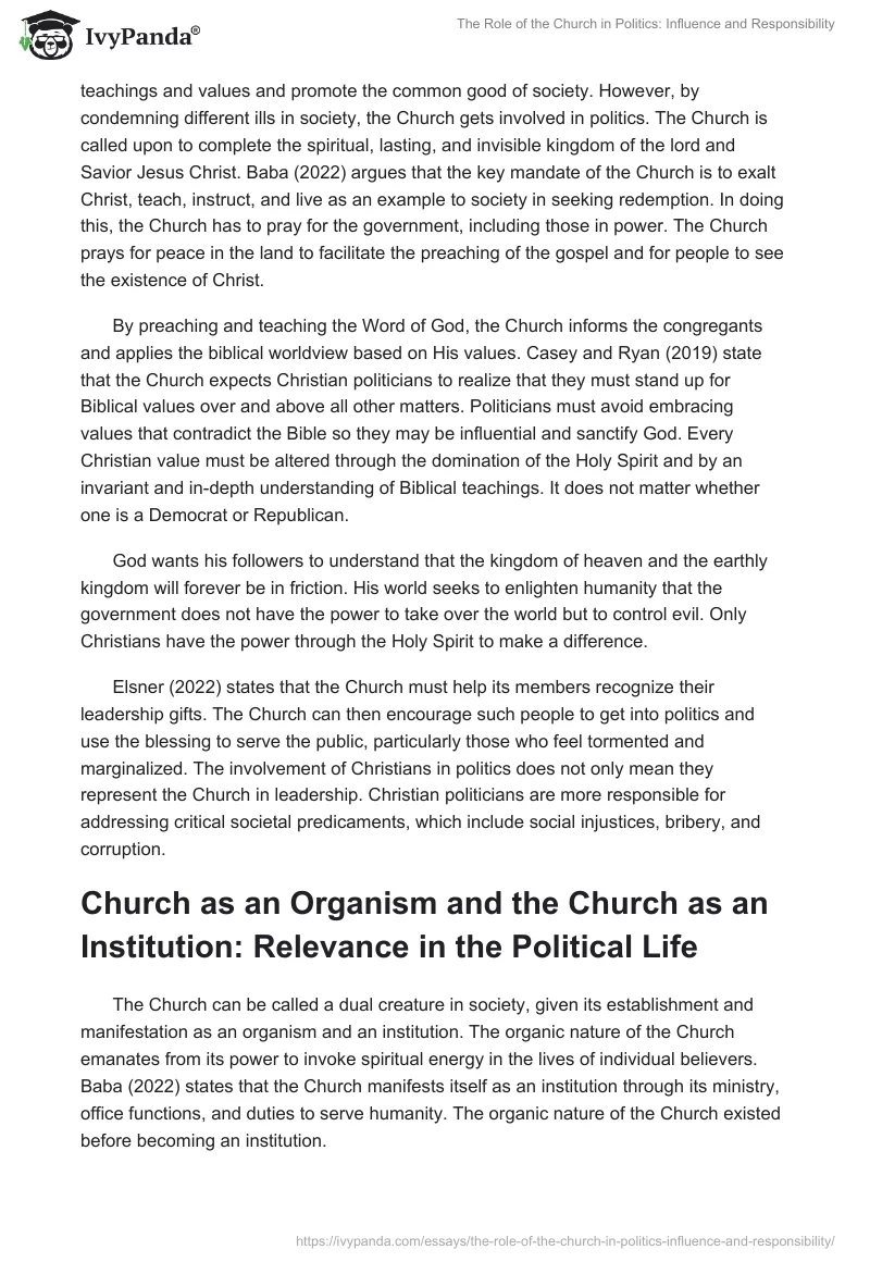 The Role of the Church in Politics: Influence and Responsibility. Page 2