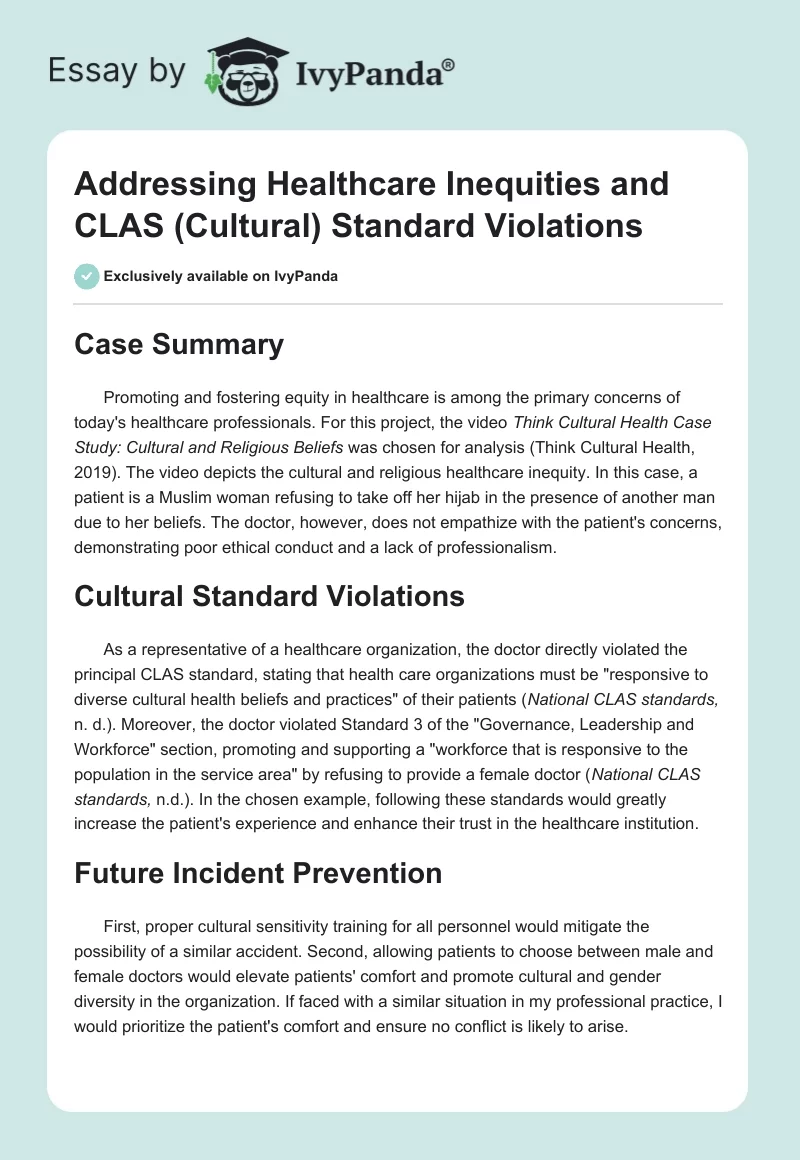 Addressing Healthcare Inequities and CLAS (Cultural) Standard Violations. Page 1