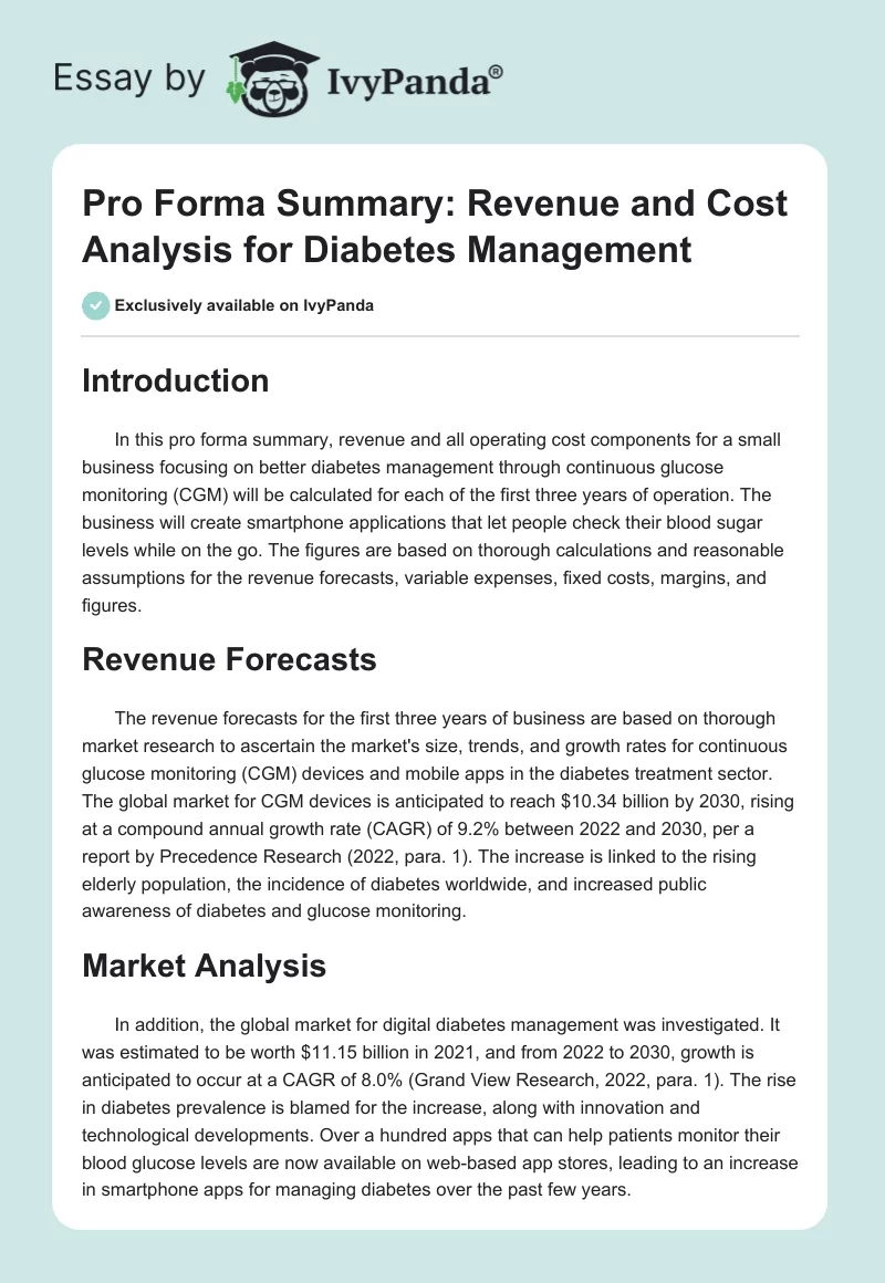 Pro Forma Summary: Revenue and Cost Analysis for Diabetes Management. Page 1