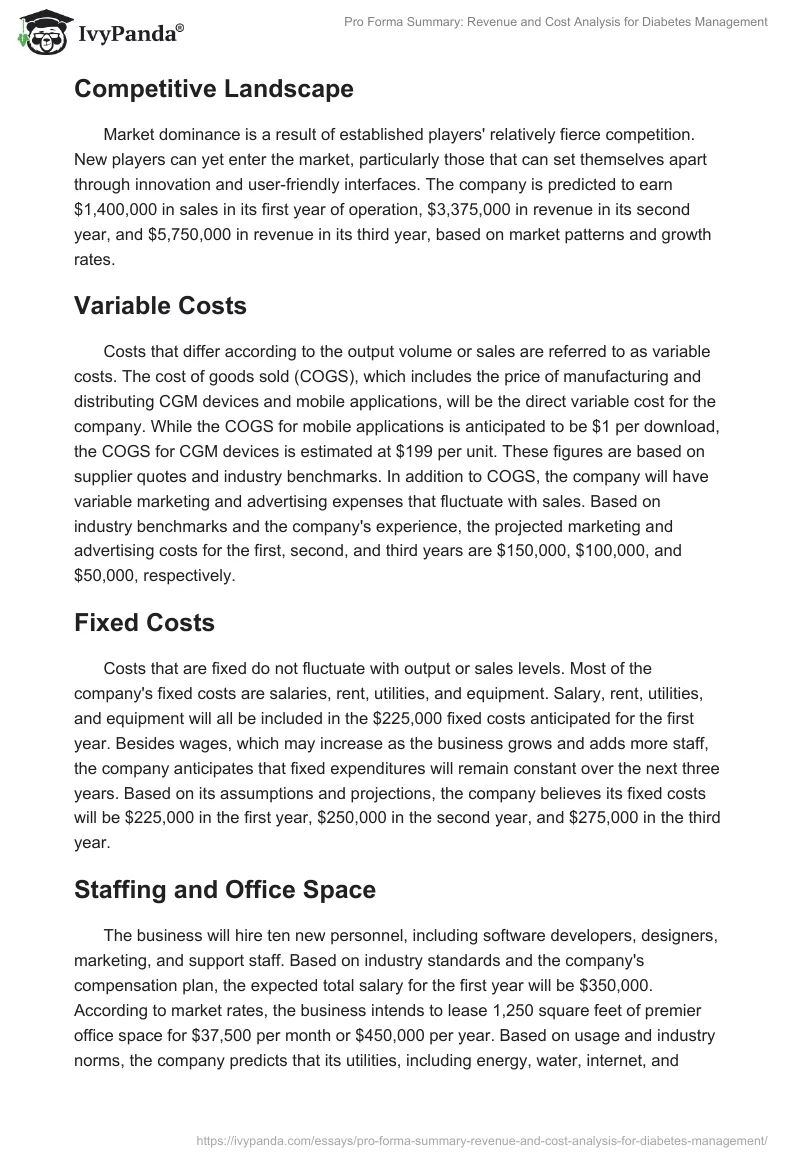 Pro Forma Summary: Revenue and Cost Analysis for Diabetes Management. Page 2