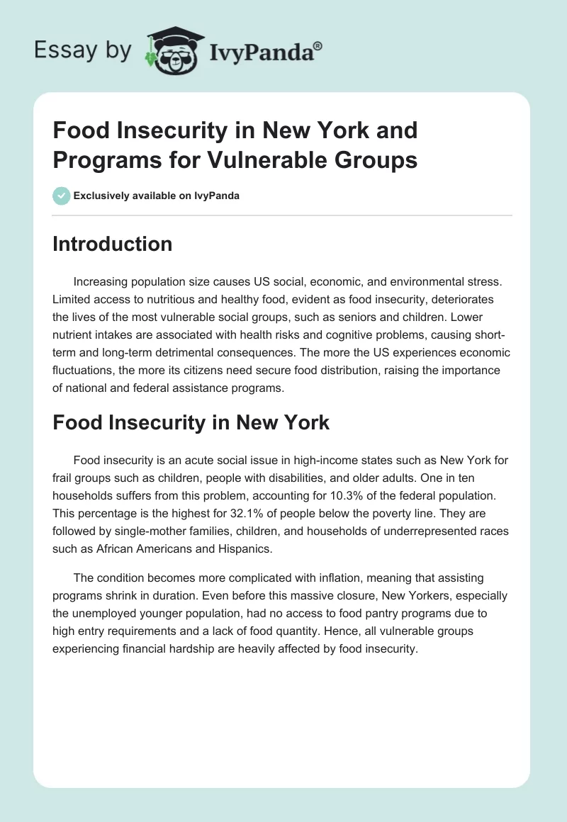 Food Insecurity in New York and Programs for Vulnerable Groups. Page 1