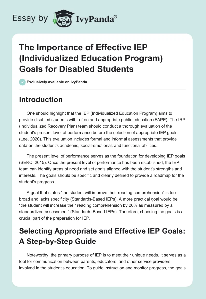 The Importance of Effective IEP (Individualized Education Program) Goals for Disabled Students. Page 1