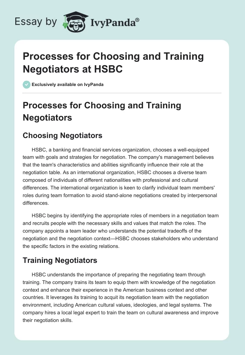 Processes for Choosing and Training Negotiators at HSBC. Page 1