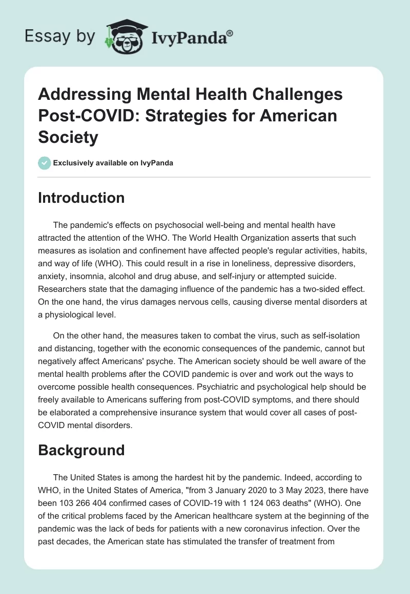 Addressing Mental Health Challenges Post-COVID: Strategies for American Society. Page 1