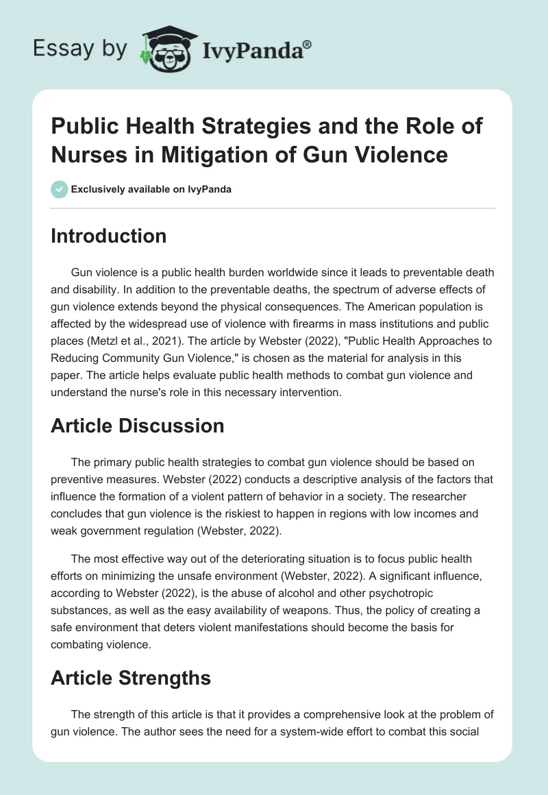 Public Health Strategies and the Role of Nurses in Mitigation of Gun Violence. Page 1