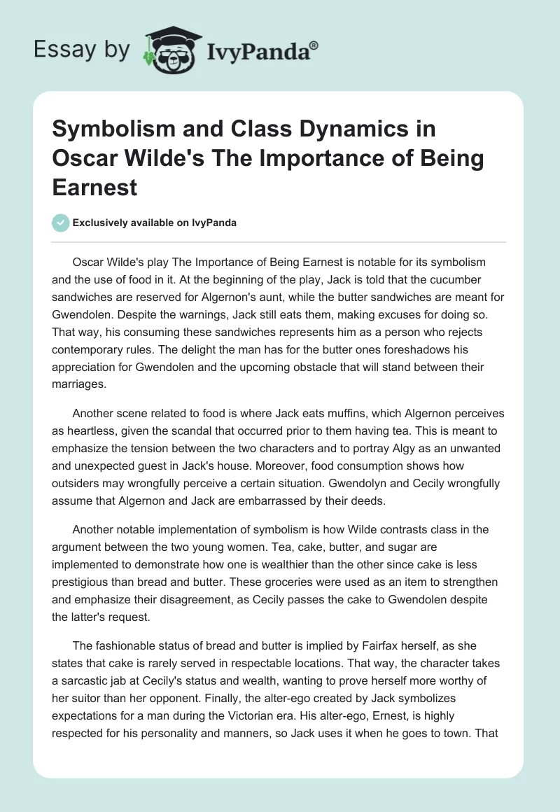 Symbolism and Class Dynamics in Oscar Wilde's The Importance of Being Earnest. Page 1