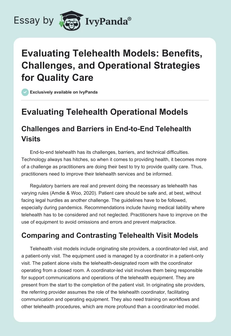 Evaluating Telehealth Models: Benefits, Challenges, and Operational Strategies for Quality Care. Page 1