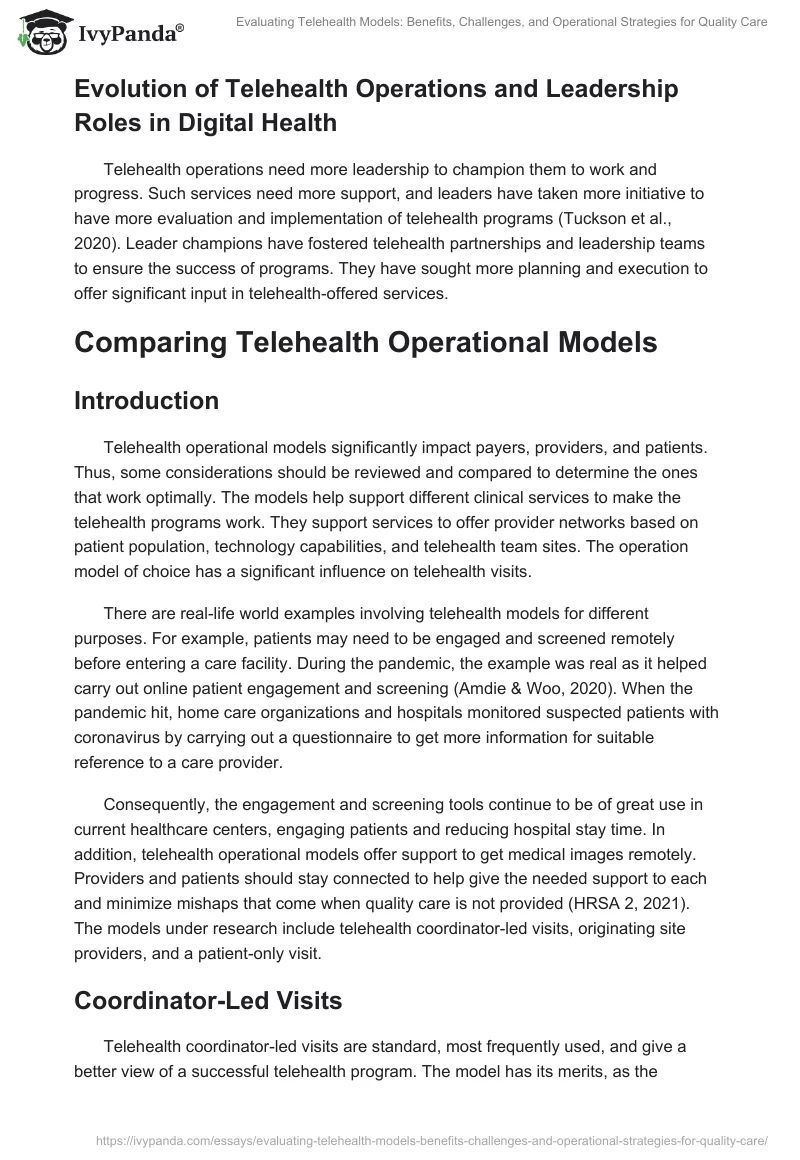 Evaluating Telehealth Models: Benefits, Challenges, and Operational Strategies for Quality Care. Page 2