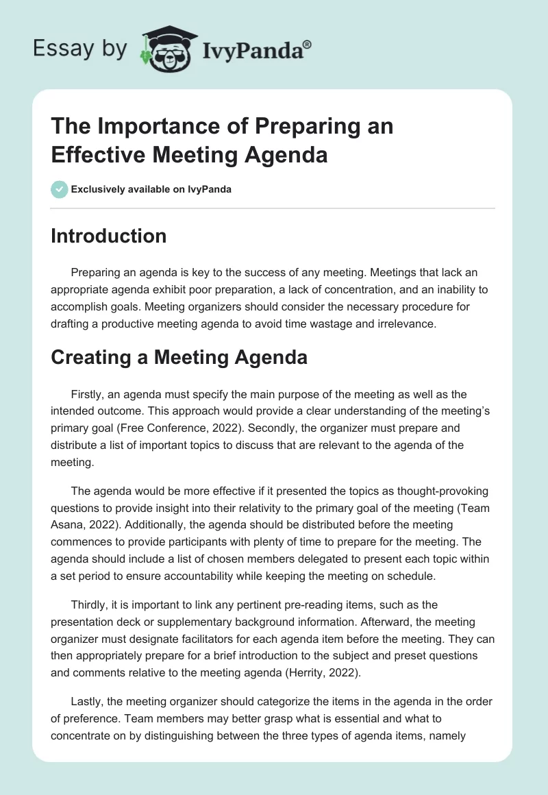 The Importance of Preparing an Effective Meeting Agenda. Page 1