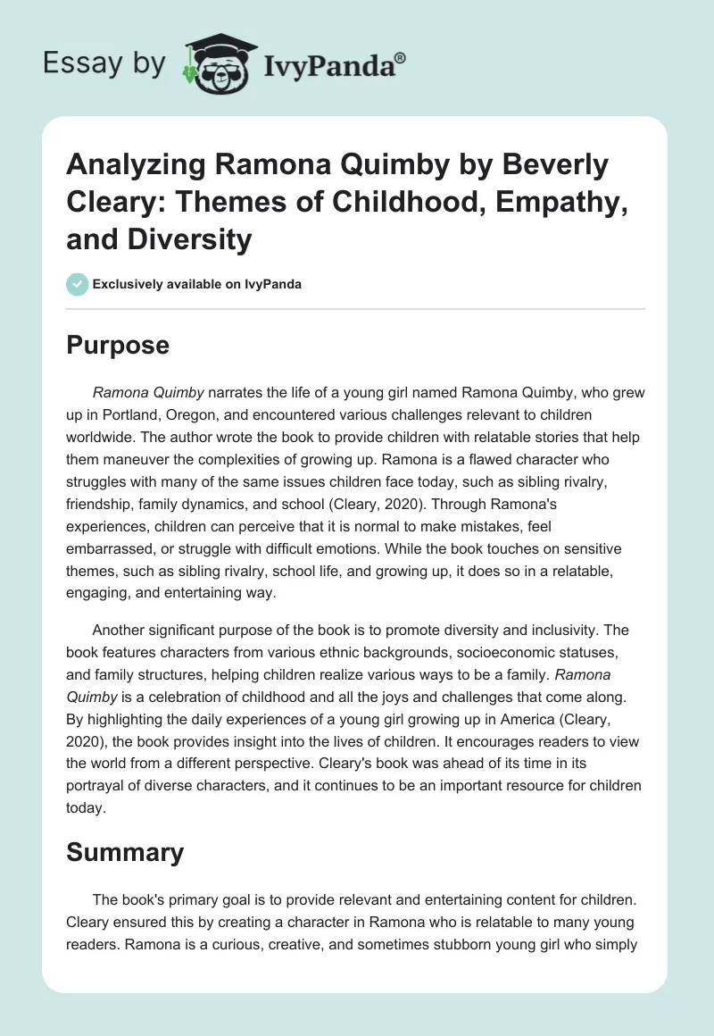 Analyzing Ramona Quimby by Beverly Cleary: Themes of Childhood, Empathy, and Diversity. Page 1