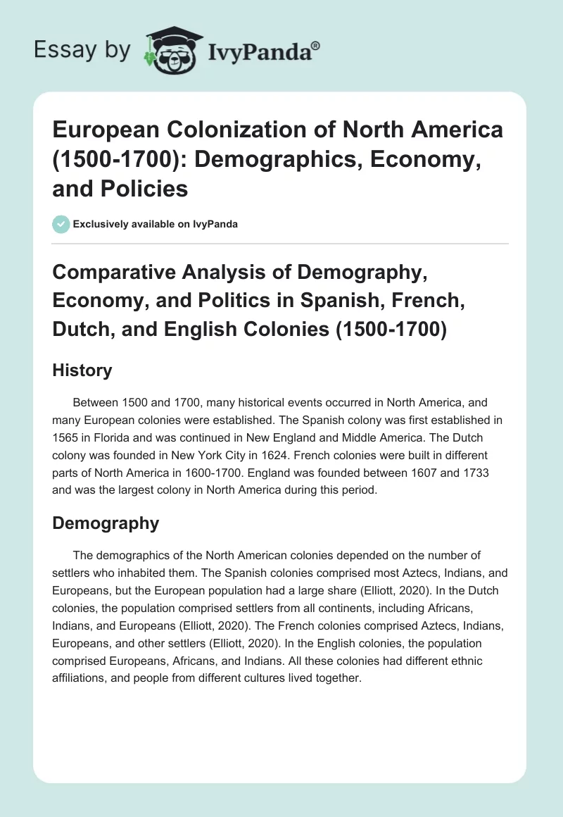 European Colonization of North America (1500-1700): Demographics, Economy, and Policies. Page 1