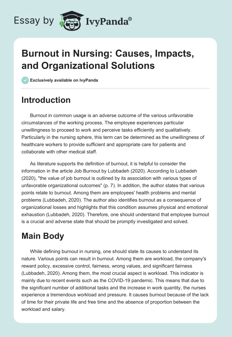 Burnout in Nursing: Causes, Impacts, and Organizational Solutions. Page 1