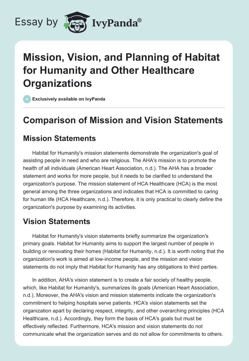 Mission, Vision, and Planning of Habitat for Humanity and Other Healthcare Organizations. Page 1