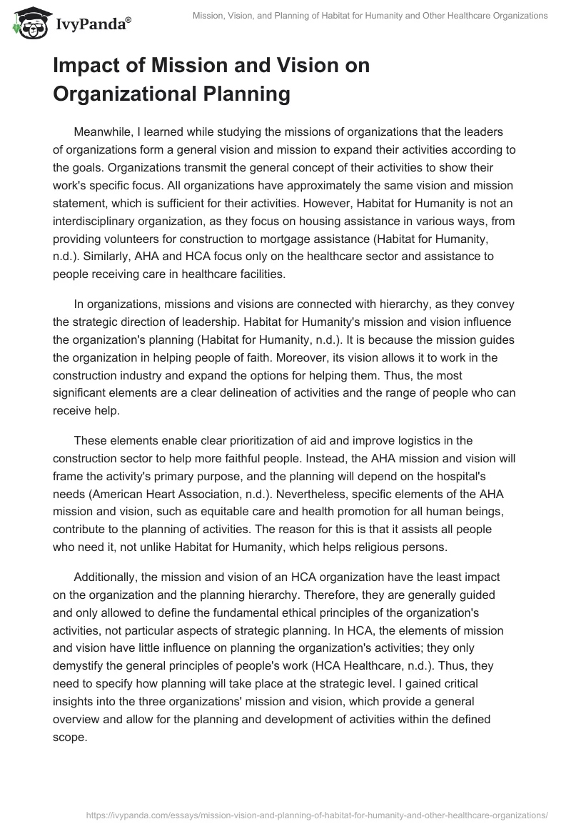 Mission, Vision, and Planning of Habitat for Humanity and Other Healthcare Organizations. Page 2