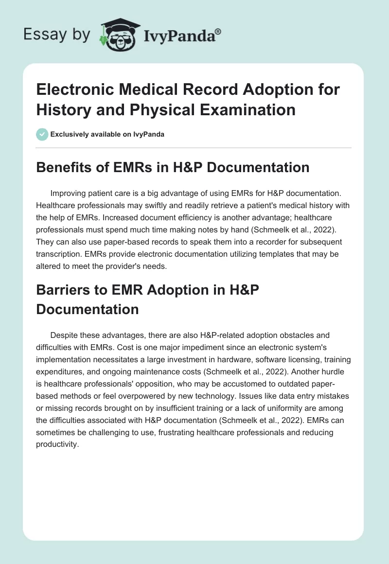 Electronic Medical Record Adoption for History and Physical Examination. Page 1