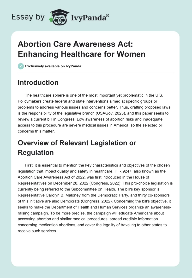 Abortion Care Awareness Act: Enhancing Healthcare for Women. Page 1