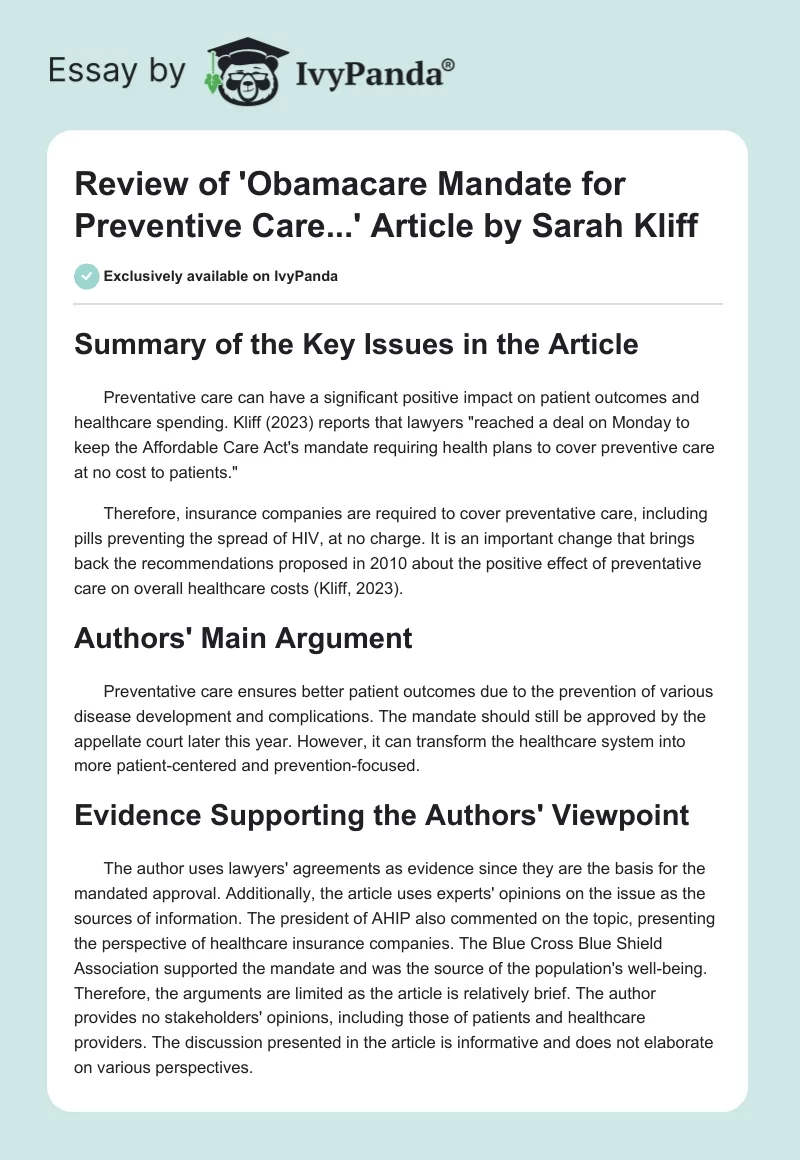 Review of 'Obamacare Mandate for Preventive Care...' Article by Sarah Kliff. Page 1