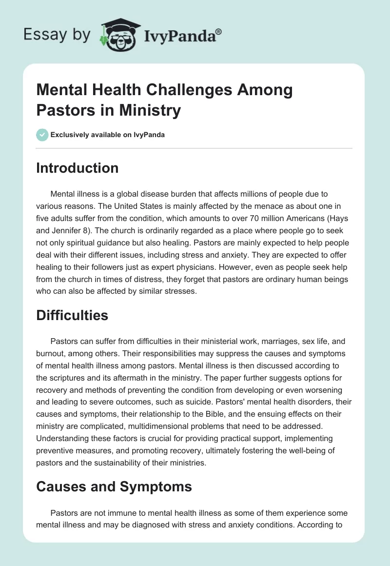 Mental Health Challenges Among Pastors in Ministry. Page 1