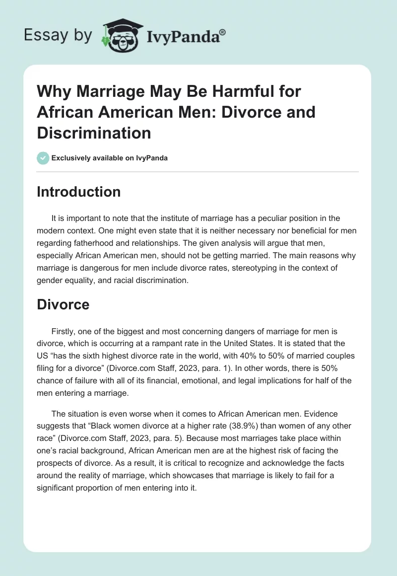 Why Marriage May Be Harmful for African American Men: Divorce and Discrimination. Page 1