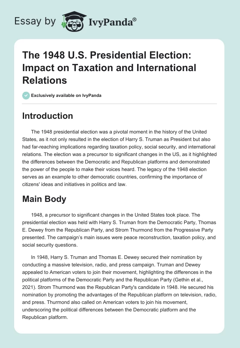 The 1948 U.S. Presidential Election: Impact on Taxation and International Relations. Page 1