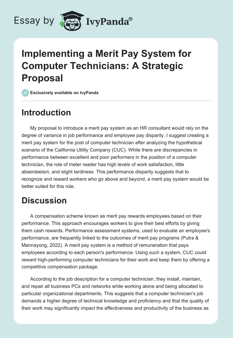 Implementing a Merit Pay System for Computer Technicians: A Strategic Proposal. Page 1