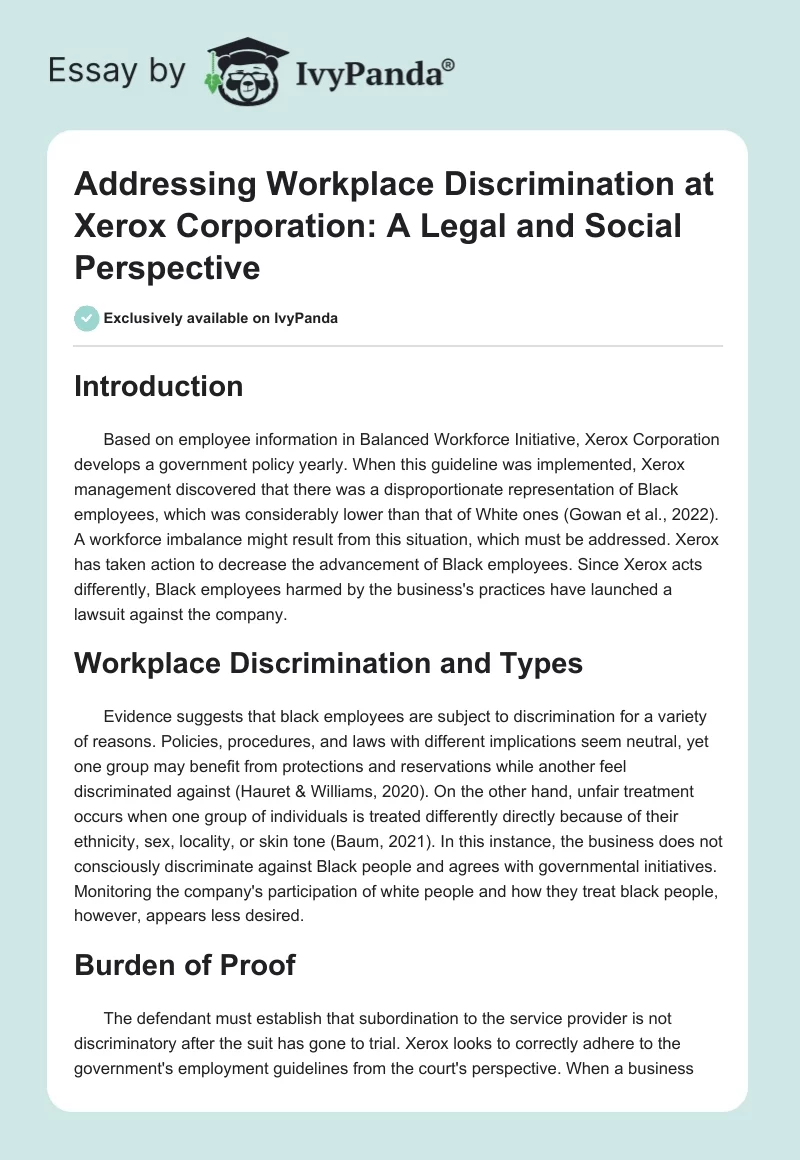 Addressing Workplace Discrimination at Xerox Corporation: A Legal and Social Perspective. Page 1