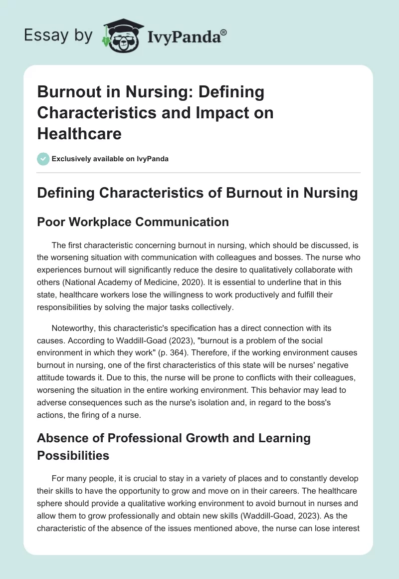 Burnout in Nursing: Defining Characteristics and Impact on Healthcare. Page 1