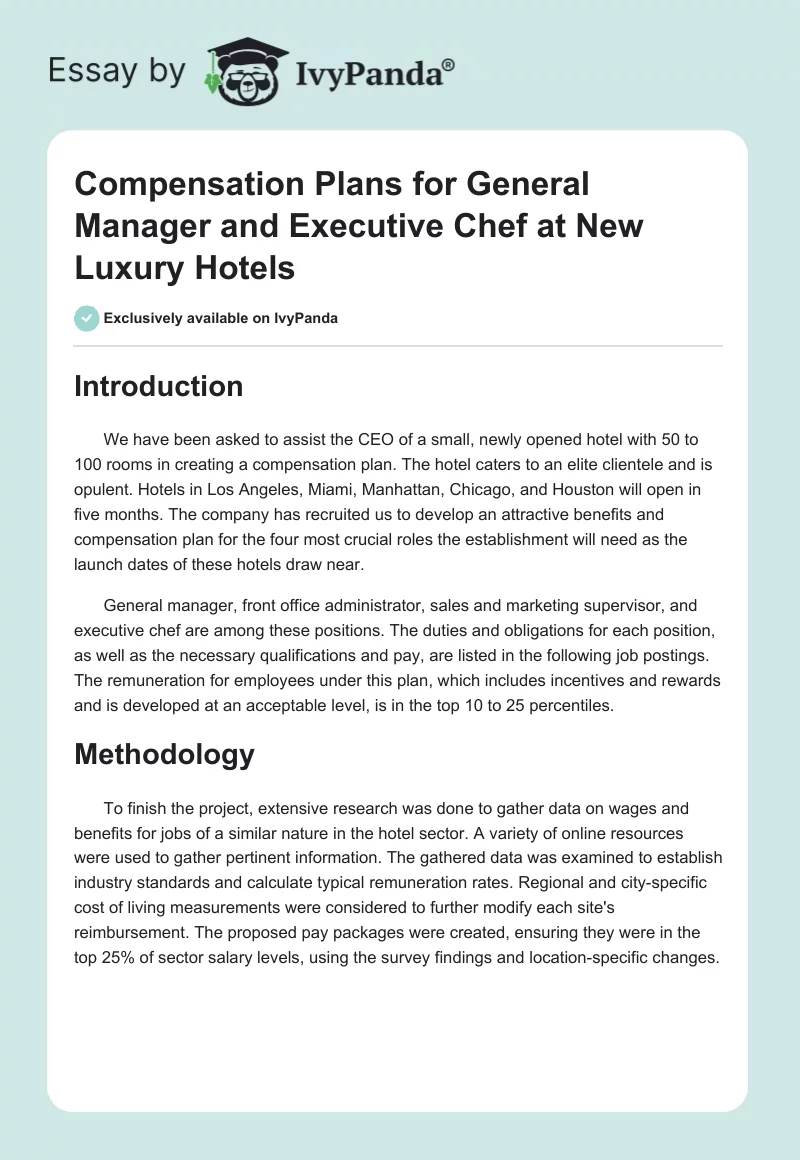 Compensation Plans for General Manager and Executive Chef at New Luxury Hotels. Page 1