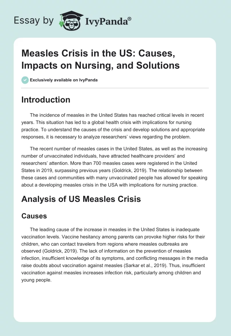 Measles Crisis in the US: Causes, Impacts on Nursing, and Solutions. Page 1