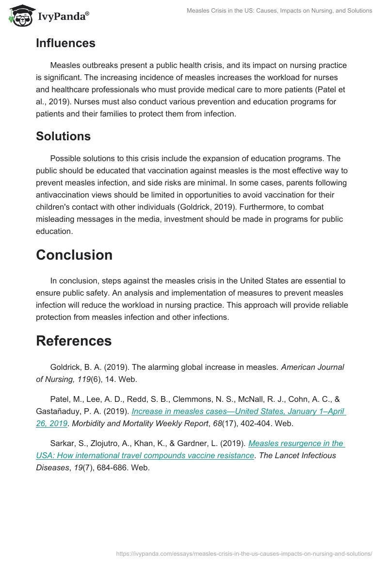 Measles Crisis in the US: Causes, Impacts on Nursing, and Solutions. Page 2