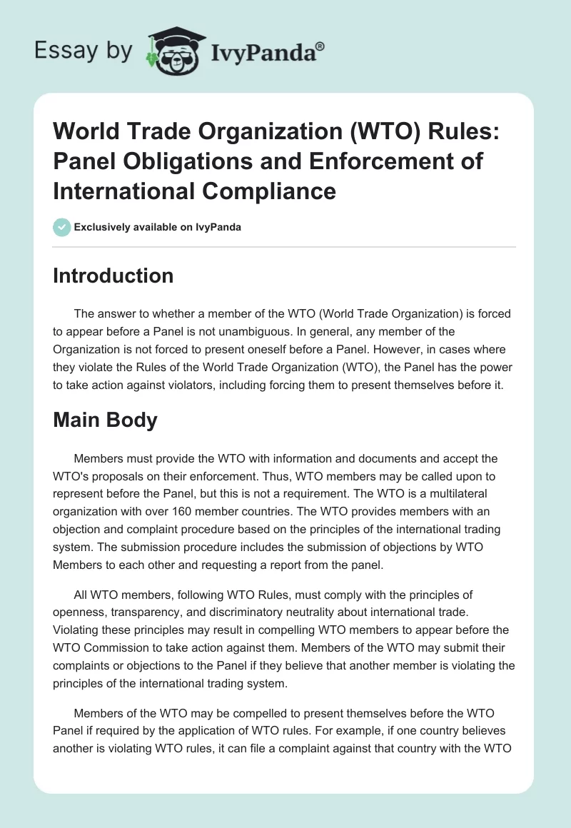 World Trade Organization (WTO) Rules: Panel Obligations and Enforcement of International Compliance. Page 1