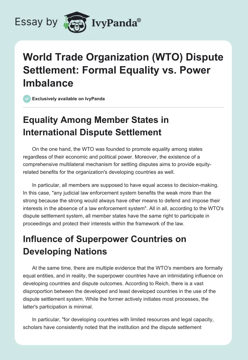 World Trade Organization (WTO) Dispute Settlement: Formal Equality vs. Power Imbalance. Page 1