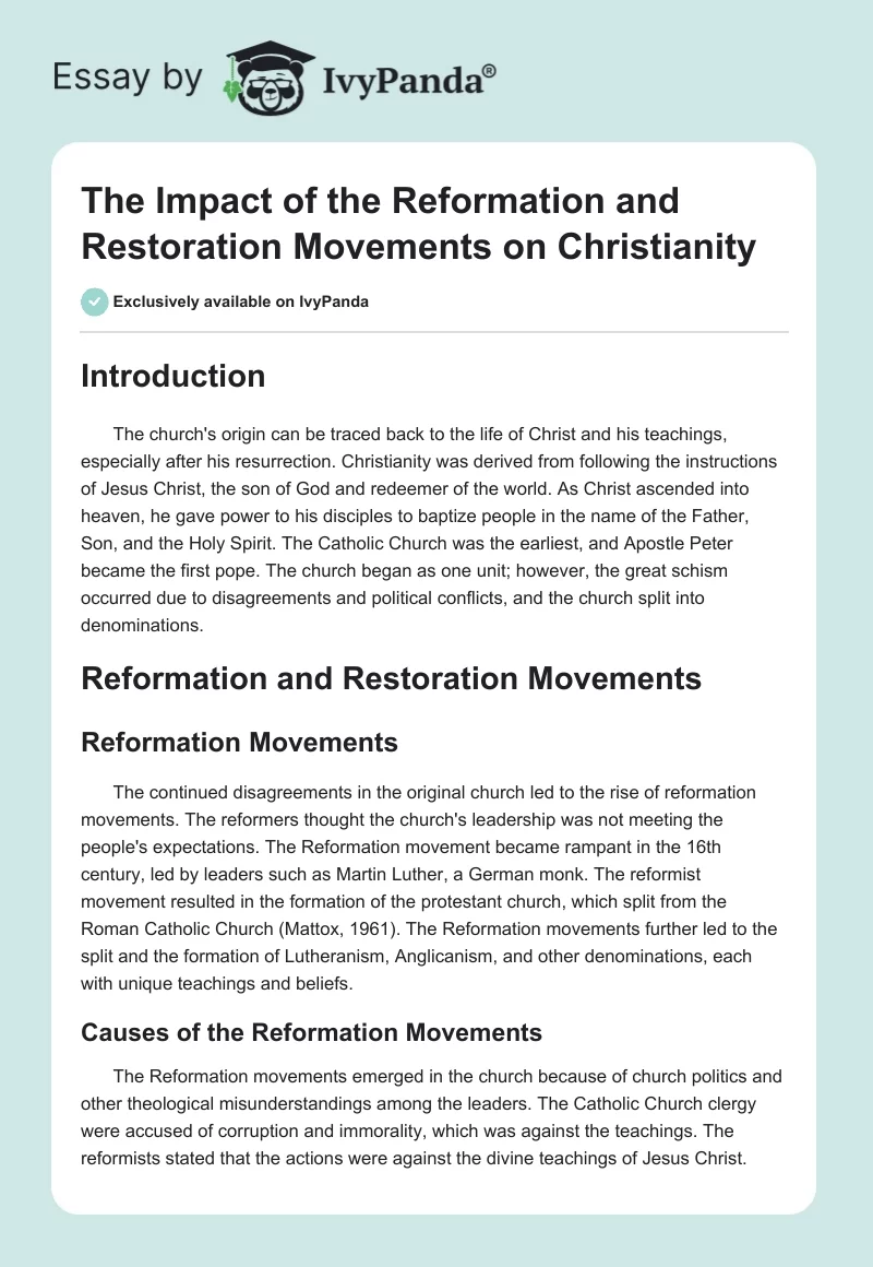 The Impact of the Reformation and Restoration Movements on Christianity. Page 1