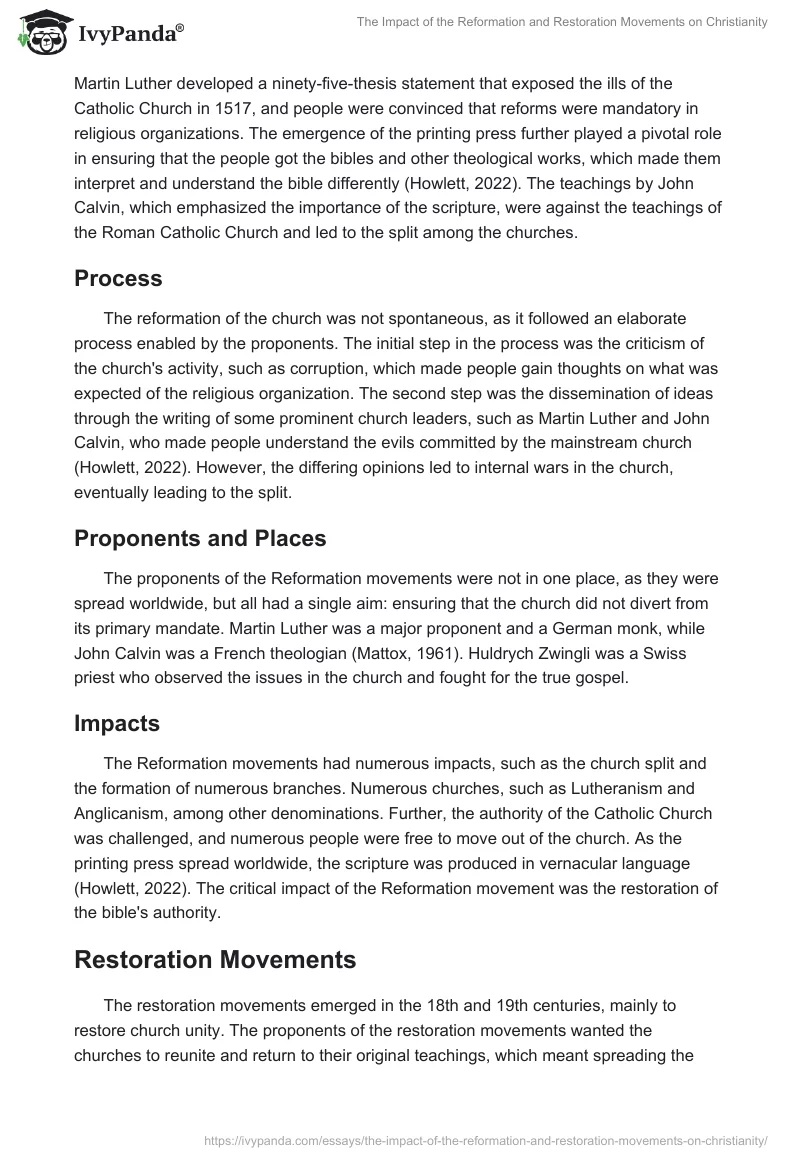 The Impact of the Reformation and Restoration Movements on Christianity. Page 2