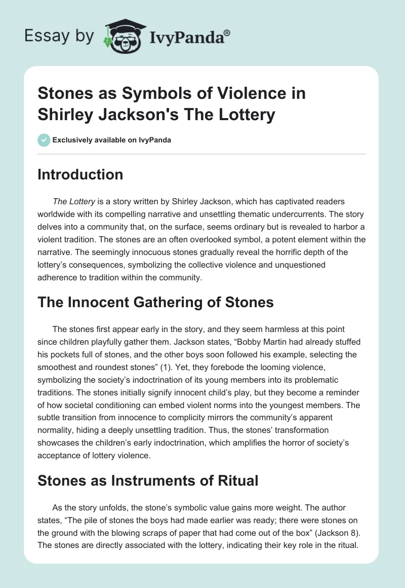 Stones as Symbols of Violence in Shirley Jackson's "The Lottery". Page 1