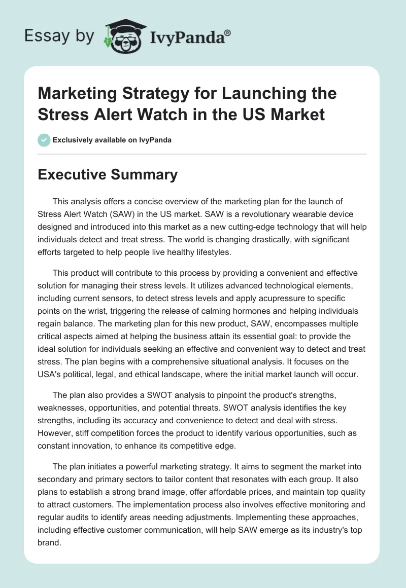 Marketing Strategy for Launching the Stress Alert Watch in the US Market. Page 1