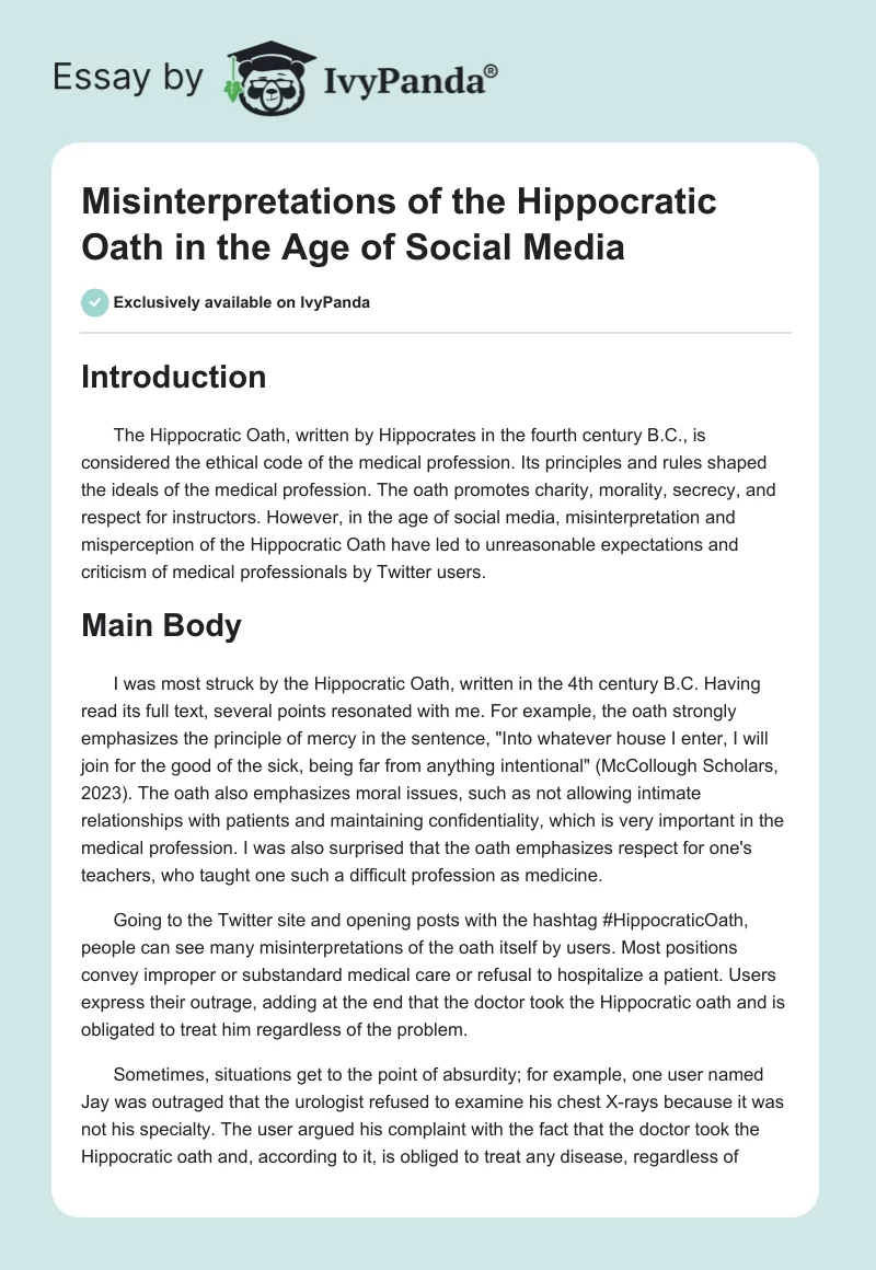 Misinterpretations of the Hippocratic Oath in the Age of Social Media. Page 1