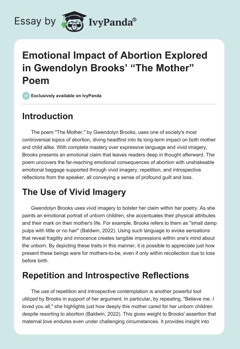 Emotional Impact of Abortion Explored in Gwendolyn Brooks’ “The Mother” Poem. Page 1