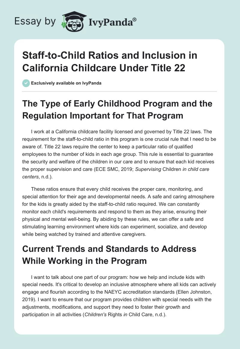 Staff-to-Child Ratios and Inclusion in California Childcare Under Title 22. Page 1