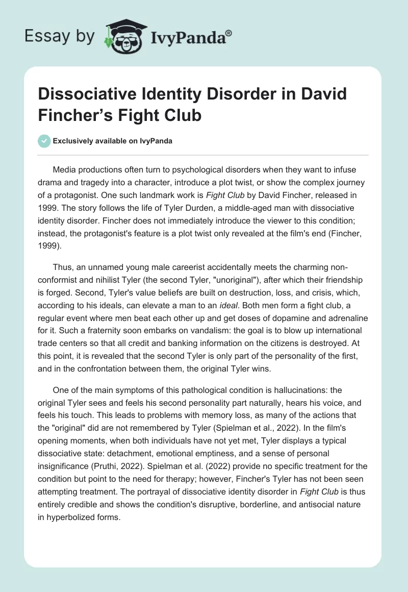 Dissociative Identity Disorder in David Fincher’s Fight Club. Page 1