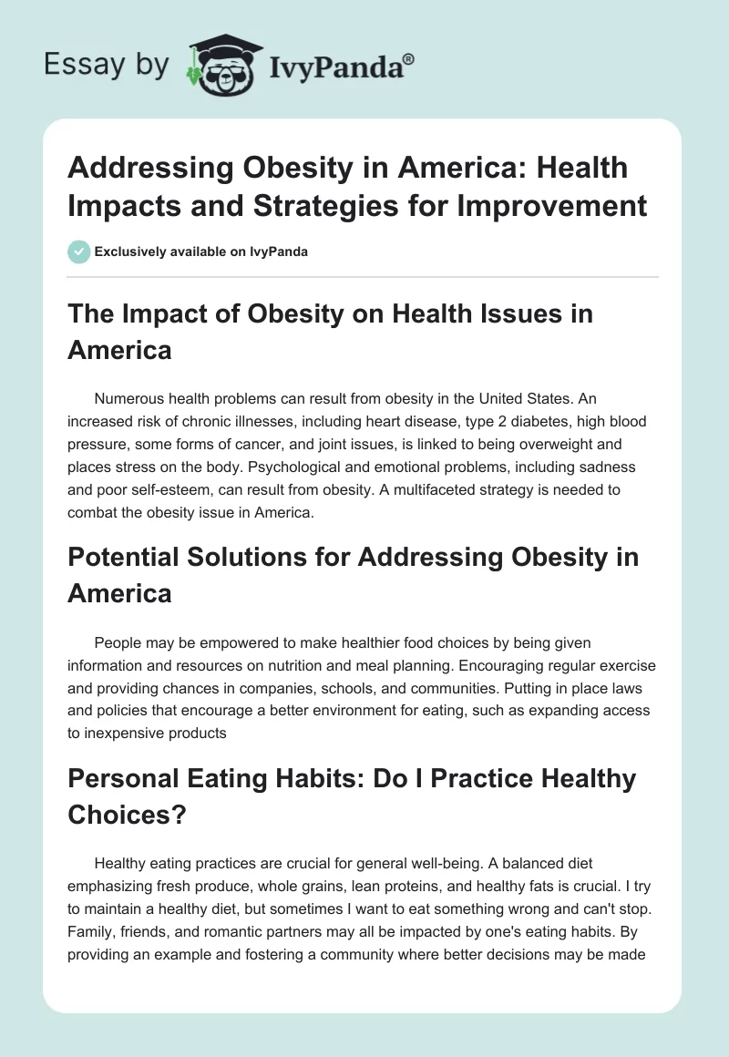 Addressing Obesity in America: Health Impacts and Strategies for Improvement. Page 1