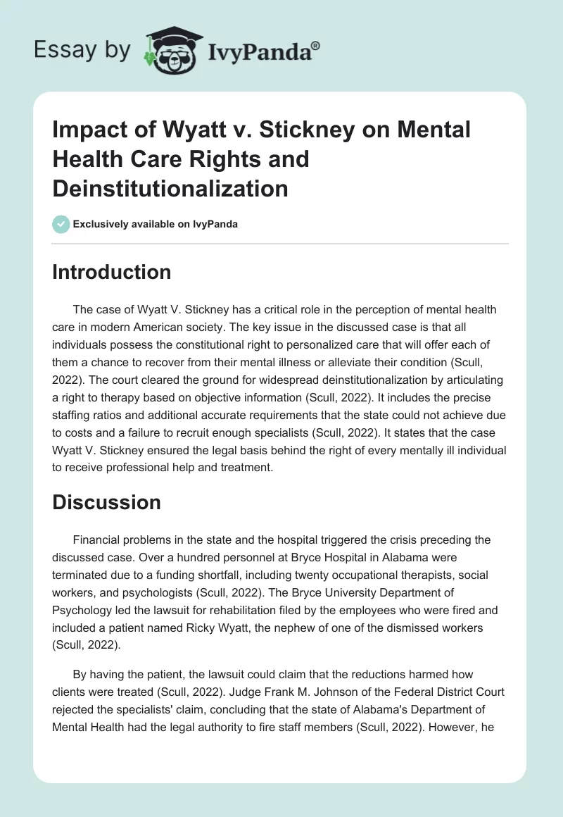 Impact of Wyatt v. Stickney on Mental Health Care Rights and Deinstitutionalization. Page 1