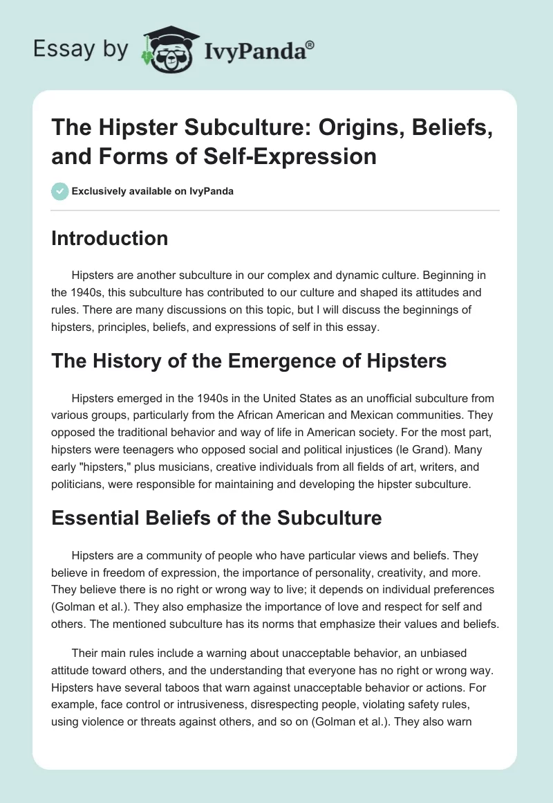 The Hipster Subculture: Origins, Beliefs, and Forms of Self-Expression. Page 1