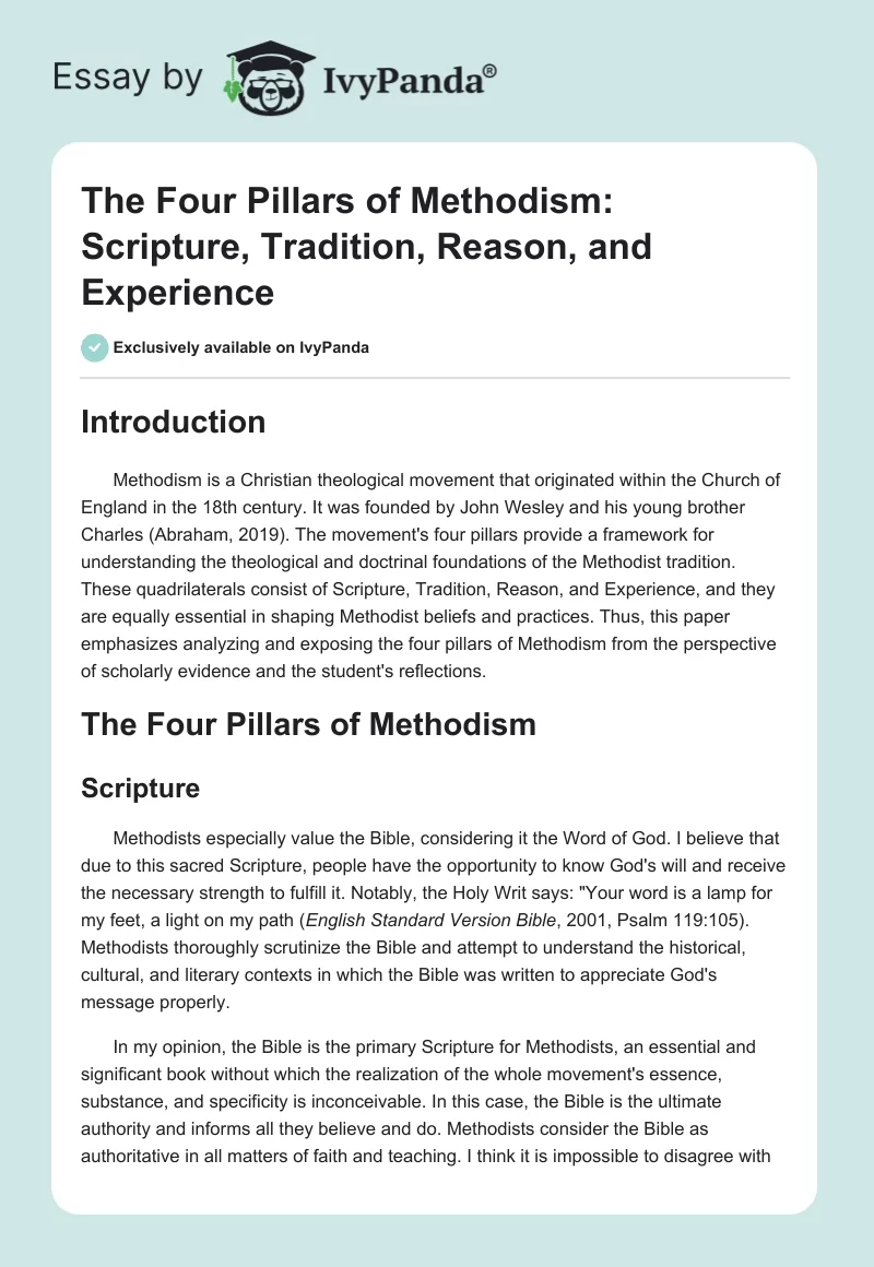 The Four Pillars of Methodism: Scripture, Tradition, Reason, and Experience. Page 1