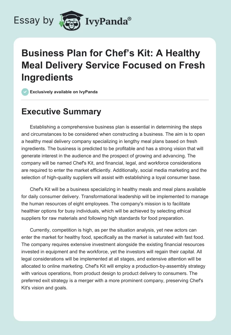 Business Plan for Chef’s Kit: A Healthy Meal Delivery Service Focused on Fresh Ingredients. Page 1